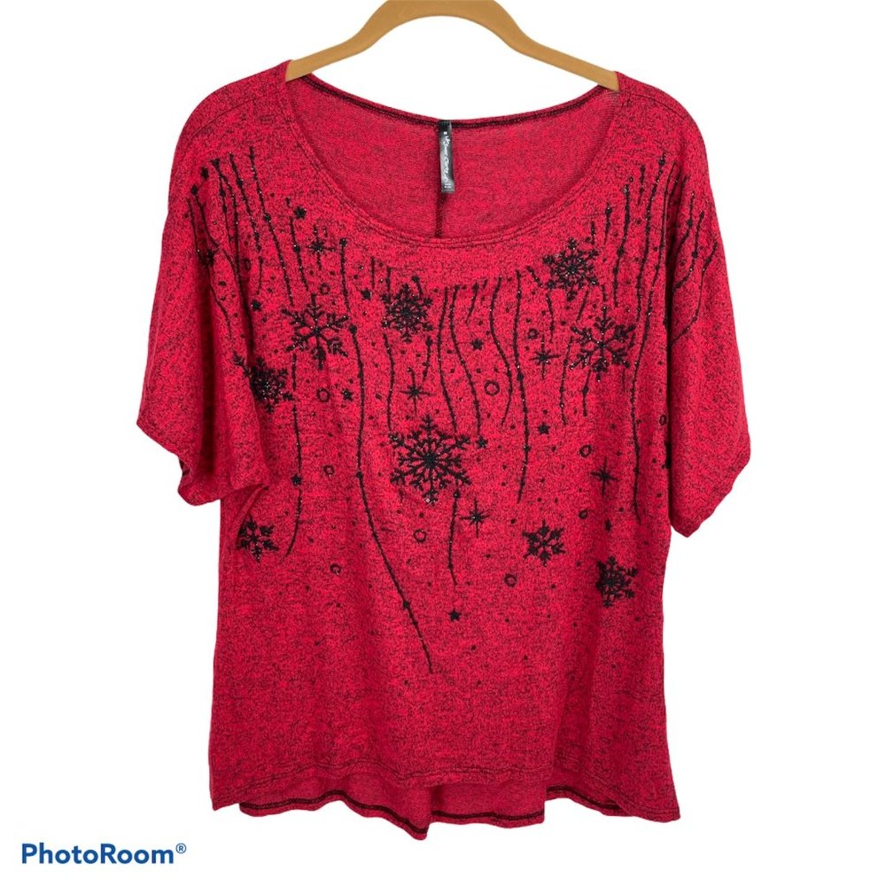 Sweet Clarity Red Black Beaded Floral Shirt M